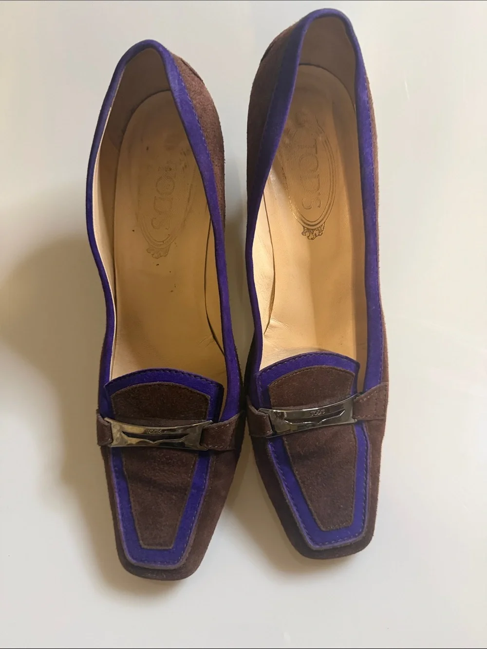 Tod's Brown Suede Heels with Purple Trim